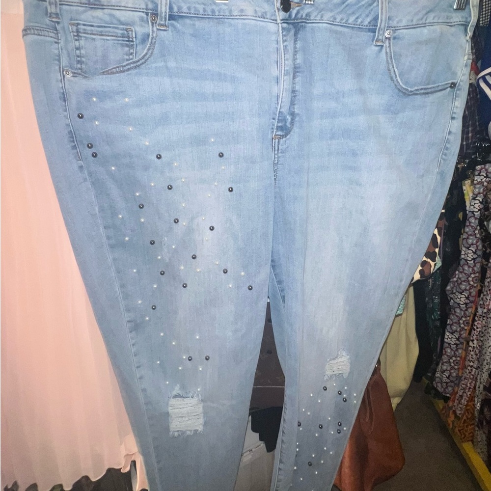 Lane Bryant Blue Ankle Cropped Jeans with Distressed Details